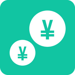 Two white japanese yen currency symbols displayed inside circles on a teal green background representing finance