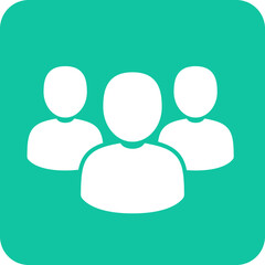 Simple white icon representing a group of three people silhouettes on a teal square background