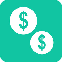 Two white circles with green dollar signs inside them on a teal background representing money and finance