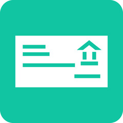 Stylized flat icon representing a bank check with a building symbol and lines for text on a teal background