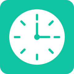 A simple white clock face with teal hands and markers on a teal square background with rounded corners