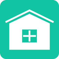 Simple white house icon with a plus sign in the window on a teal background representing healthcare or medical services