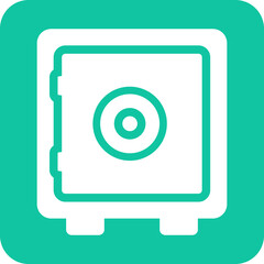 Modern flat icon of a white safe with a circular dial on a vibrant teal background representing security and protection