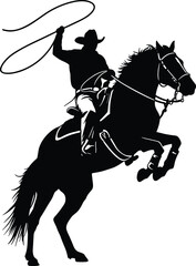 Cowboy on rearing horse silhouette, western rider with lasso vector, wild west cowboy art design for decoration and illustration projects