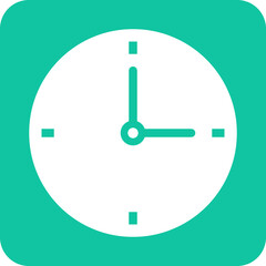 Simple white clock face with green background and minimalist hour markers indicating three oclock