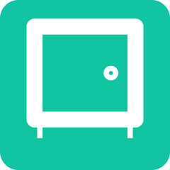 Simple white icon of a cabinet or safe with a round knob on a teal green background with rounded corners