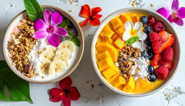 Five colorful smoothie bowls garnished with fresh fruits, granola, and mint—tropical vitality in every bite.