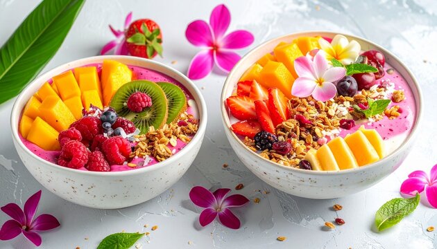 Five colorful smoothie bowls garnished with fresh fruits, granola, and mint—tropical vitality in every bite.