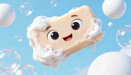 A whimsical 3D bar of soap with large, expressive eyes, covered in a cascade of foam and floating bubbles on a light blue background. An eco-friendly cleaning concept.