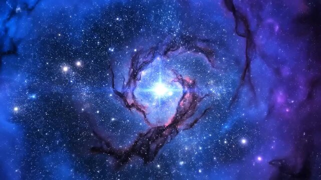 A vibrant nebula, exploding with cosmic energy, glows with shades of blues and purples. Countless stars scattered throughout the expansive celestial canvas