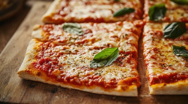 Freshly baked pizza slices on wooden board