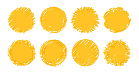Round sun watercolor paint shape sets. Hand drawn rough yellow circle shape ink brush stroke grunge texture. Grunge circular rough brush badge background Japanese sun elements. Vector illustration