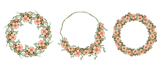 Three decorative floral wreaths with pink blossoms and green ribbon vines, drawn in a delicate hand-drawn style on a white background, suitable for greeting cards, invitations and stationery designs.