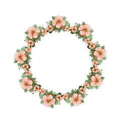 A detailed floral wreath composed of soft peach blossoms and layered green leaves, arranged in a circular composition. Suitable for invitations, labels, stationery and decorative design projects.