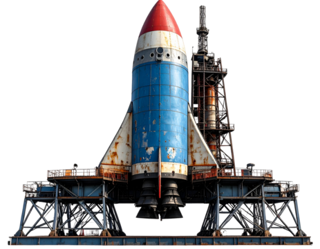  Vintage Space Rocket Illustration on Launchpad, Transparent Background