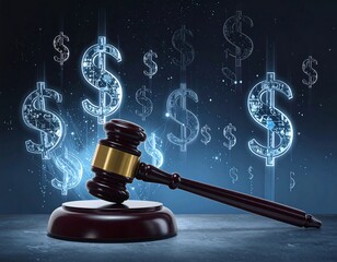A gavel rests, lit by glowing dollar signs, on a dark backdrop