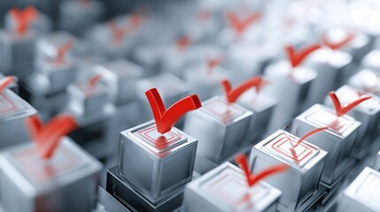 Fototapeta premium Red checkmarks on metallic cubes