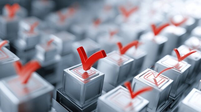 Red checkmarks on metallic cubes