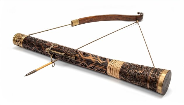 Antique wooden bow and arrow case intricately carved with detailed patterns and ornate brass accents displayed against a clean white background in a studio setting