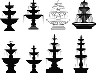 Fototapeta premium Set of tiered water fountain vector icons in black and white for garden, park, architecture, and landscape design projects