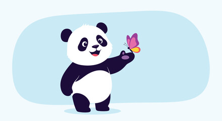 Obraz premium A cute cartoon panda bear stands with a pink and yellow butterfly on its paw.