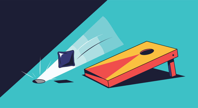 Illustration of a bean bag flying towards a cornhole board with a hole in it, representing a game in progress.