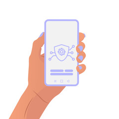 Mobile security concept. The phone with a symbol of safety and security  is in the hand of a man. Vector illustration