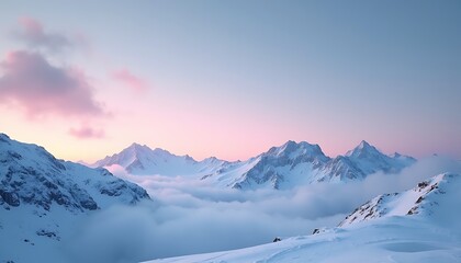 Fototapeta premium Majestic snow covered mountains bathed in soft pink and blue sunrise light