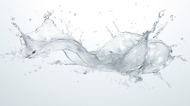 Water splash in motion isolated on a white background with dynamic liquid movement in a white and grey color scheme.