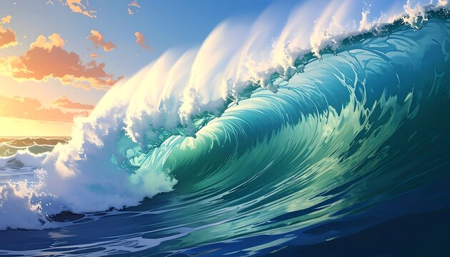 A dynamic depiction of a colossal wave crashing, with ocean and sky