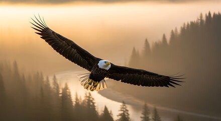 Bald Eagle Soaring Over Misty River Valley at Sunset: American Symbol