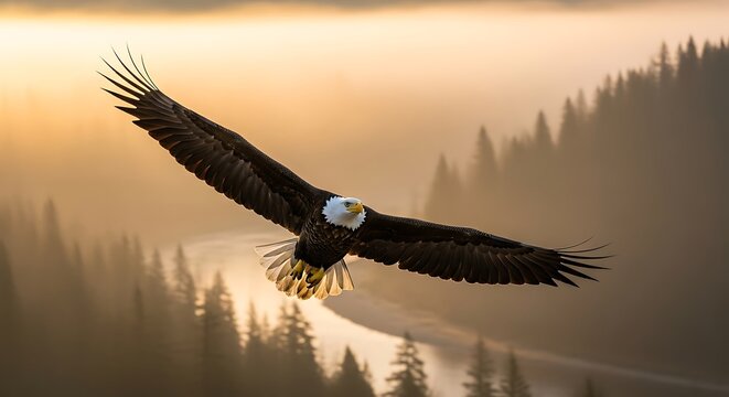 Bald Eagle Soaring Over Misty River Valley at Sunset: American Symbol