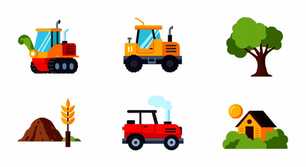 Fototapeta premium A collection of six colorful flat icons representing agriculture, farming, and rural life.