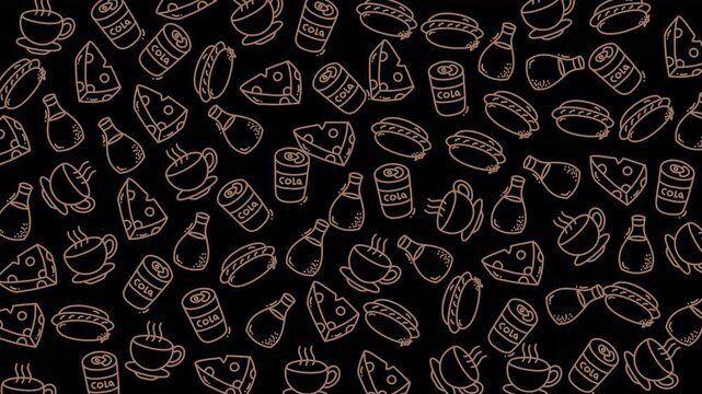 A repetitive food-themed pattern showcasing coffee cups cheese slices and bottles ideal for kitchen decor and culinary projects.