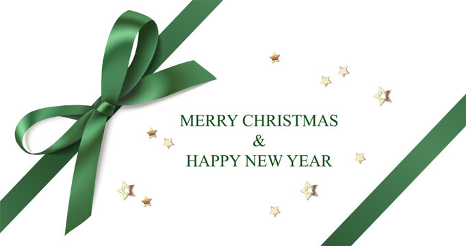Merry Christmas & Happy New Year design template. Diagonally ribbon with green bow for page or box decor with golden star confetti. Vector stock illustration. Not AI