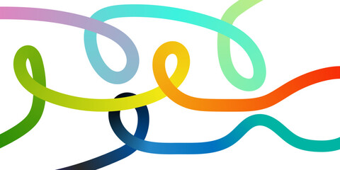 Modern gradient shapes combined with rainbow ribbon waves and colorful flowing lines creating a vibrant geometric abstract pattern background for design needs