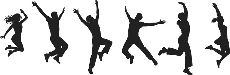 Silhouettes of jumping people in energetic poses expressing joy, freedom, celebration, unity, happiness, movement, vitality, and dynamic motion.
