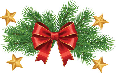 Christmas pine tree branches with large red bow and golden stars, festive holiday vector illustration isolated on white background for winter season greeting card.