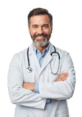 Fototapeta premium Smiling bearded male physician wearing white lab coat and stethoscope with arms crossed confidently