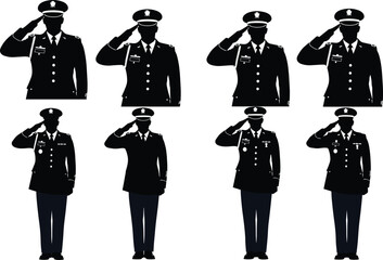 Silhouettes of military personnel saluting in formal uniform, representing honor, discipline, service branches, and patriotic respect on white background.