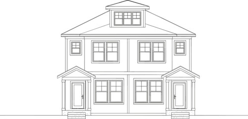 Architectural elevation of a two story duplex house, black and white line drawing of residential building, vector illustration for blueprint, construction design, home facade.