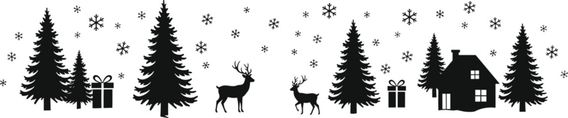 Complete Christmas and Winter Silhouette Vector Set, Holiday Forest Landscape, Pine Trees, Deer, Snowy Cabin, Gift Boxes, Stockings, Bells, Stars, Ribbon Banners, Ornament Collection, Isolated.