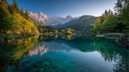 Calm summer morning at fusine lake in the julian alps with vibrant sunrise colors reflecting on the water and mangart peak in the background, udine province, italy, showcasing serene alpine landscape 