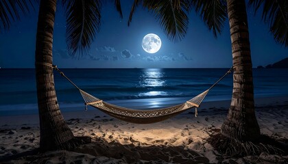 A hammock strung between palms frames the moonlit ocean view