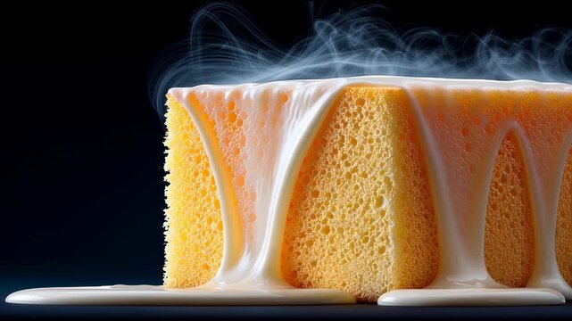Close-up of indulgent cake slice topped with creamy white sauce in culinary art
