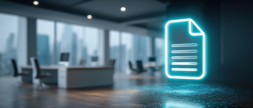 Digital documents glowing icon in modern office with blurred desks and city view