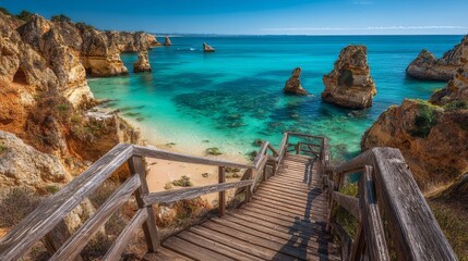 Turquoise waters and golden cliffs at camilo beach in algarve, portugal with wooden footbridge leading to the pristine sandy shore and panoramic ocean views in lagos