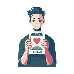 Illustration of a sad man holding a missing person poster with an illustration of a heart on a white background