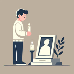 Flat illustration of a young man lighting a candle next to a mourning frame