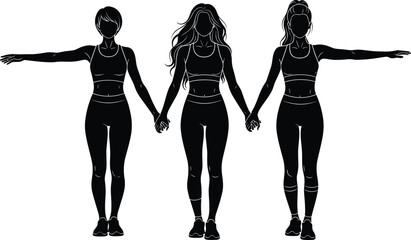 Three athletic women holding hands in unity, silhouette style, fitness teamwork, activewear fashion, female empowerment, sportswear vector illustration